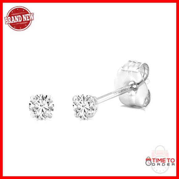 14k White Gold Cubic Zirconia Stud Earrings Elegant Minimal Classic Pushbacks